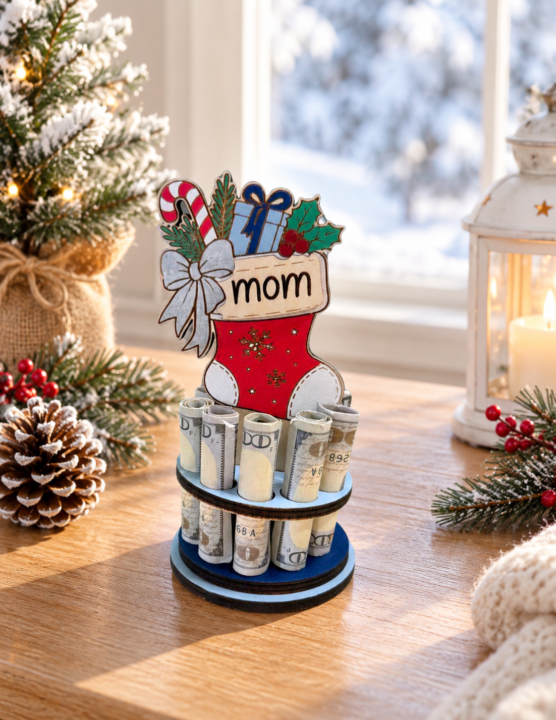Personalized Stocking Money Tree | Christmas Cash Gift for Mom | Handmade Wood