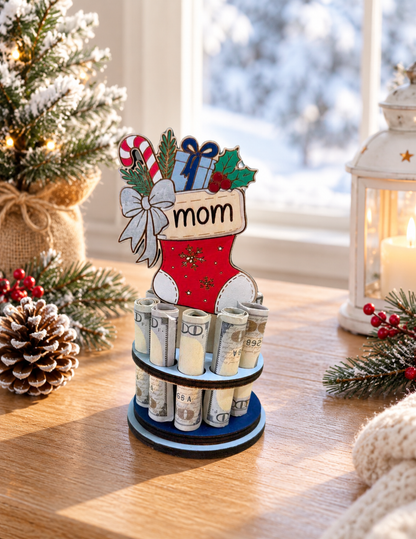 Personalized Stocking Money Tree | Christmas Cash Gift for Mom | Handmade Wood