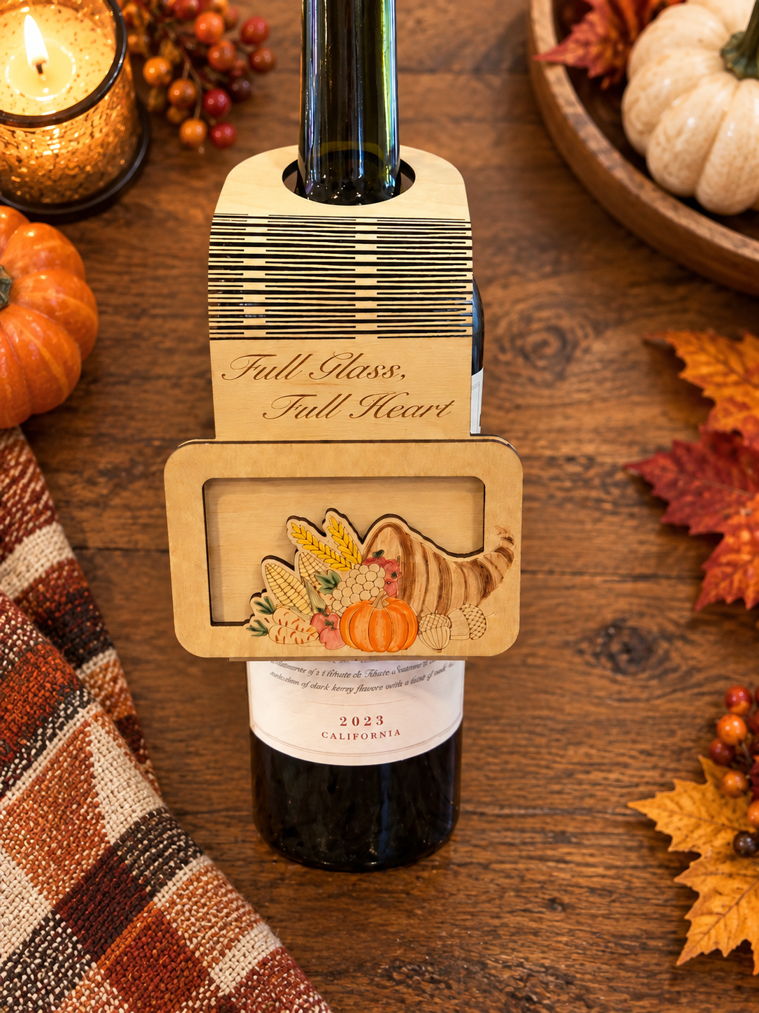 Thanksgiving Wine Bottle Tag Gift Card Holder | Hostess Gift | Handmade Wood