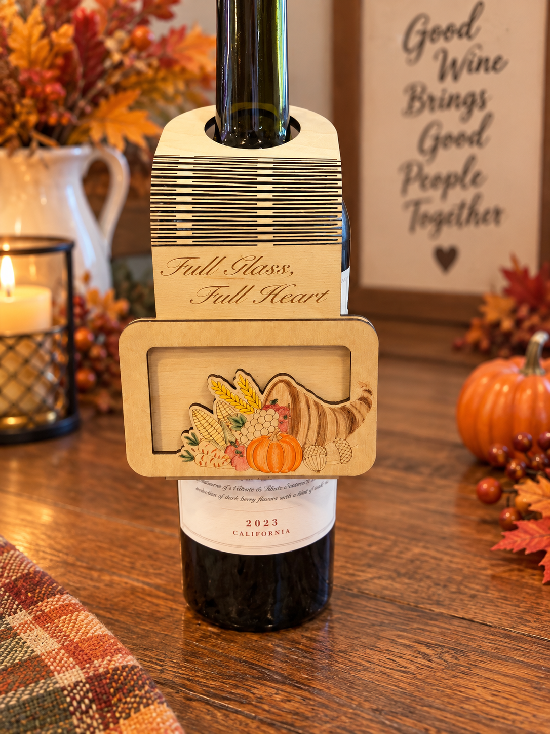 Thanksgiving Wine Bottle Tag Gift Card Holder | Hostess Gift | Handmade Wood