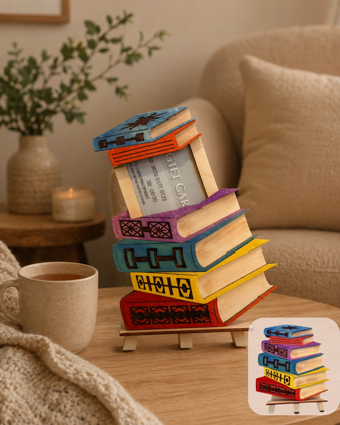 Stacked Books Gift Card Holder — handmade wooden gift card holder shaped like a stack of colorful books, displayed in a cozy home setting with candle and mug